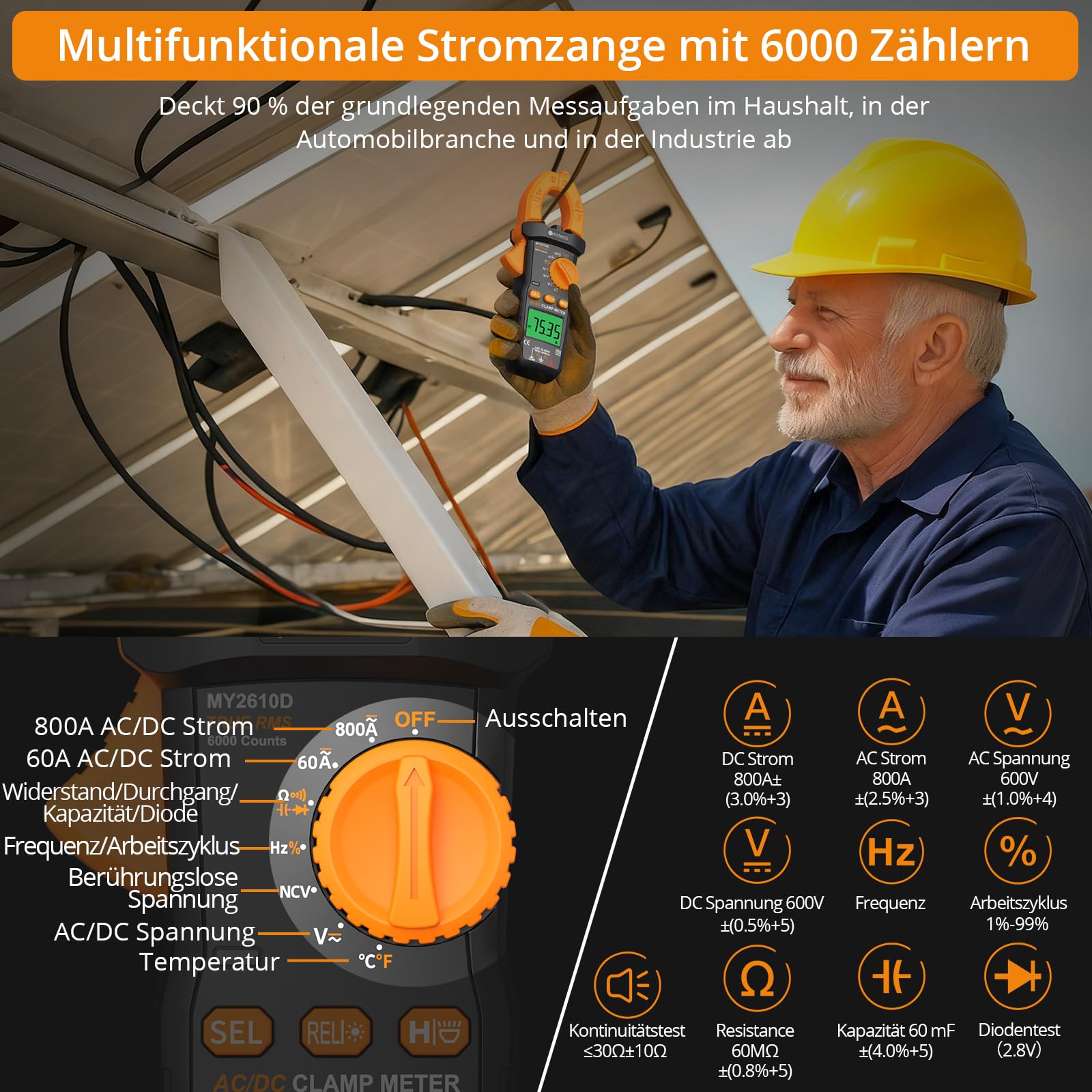 Neoteck Digitales Stromzangenmessgerät TRMS 6000 counts 800A AC/DC Strom AC/DC Spannung NCV Durchgang Kapazität Widerstand Frequenz Diode Test 4
