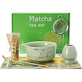 Matcha Whisk Set, Ceramic Matcha Set Includes Matcha Bowl, Matcha Whisk and Holder, Bamboo Scoop, Scoop Rest, Sifter and Tea Towel - 7 Pcs Matcha Kit(Green)