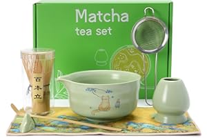 Matcha Whisk Set 7 Pcs – Japanese Tea Ceremony Kit with Bamboo Chasen, Ceramic Bowl, Scoop, Spoon & Sifter, Traditional Match