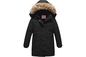 CREATMO US Girl's Winter Fleece Lined Long Parka Puffer Coat Thicken Ski Jacket With Fur Trim Hood
