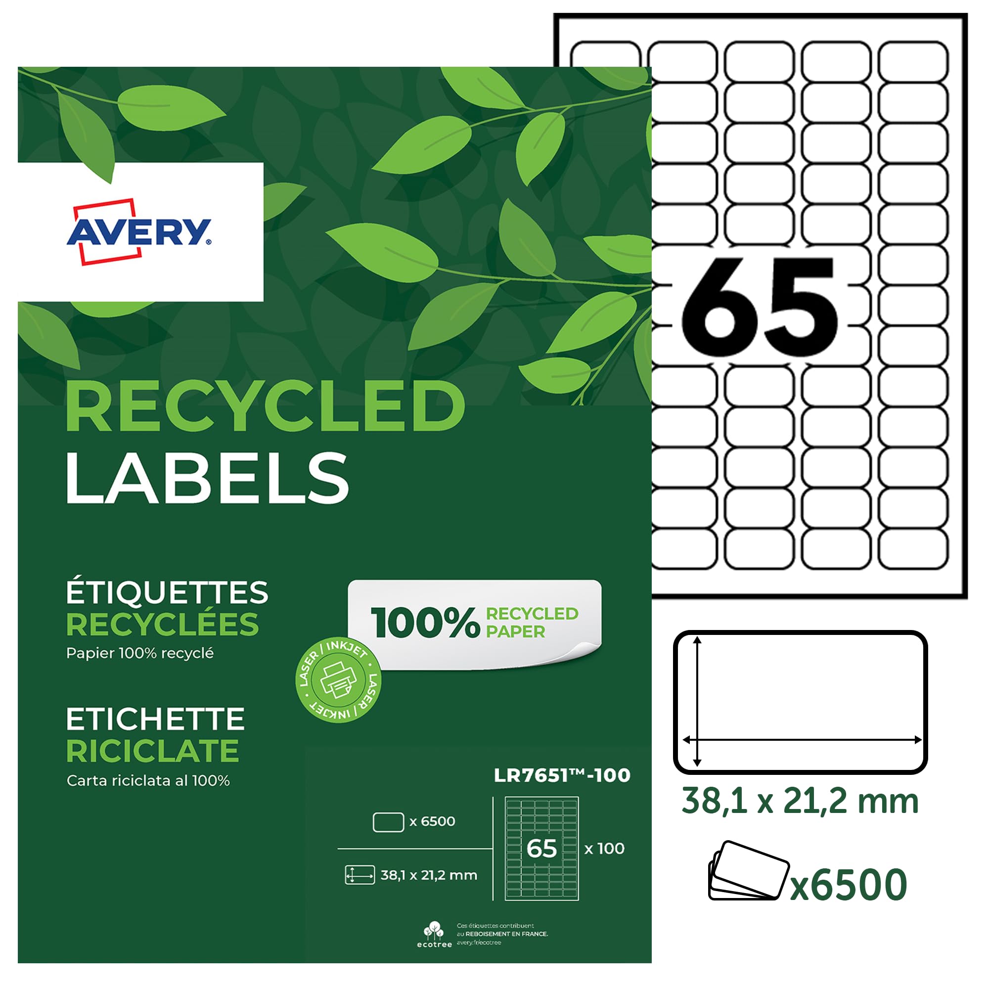 Avery 100% Recycled Adhesive Labels 38,1 x 21,2 mm White
