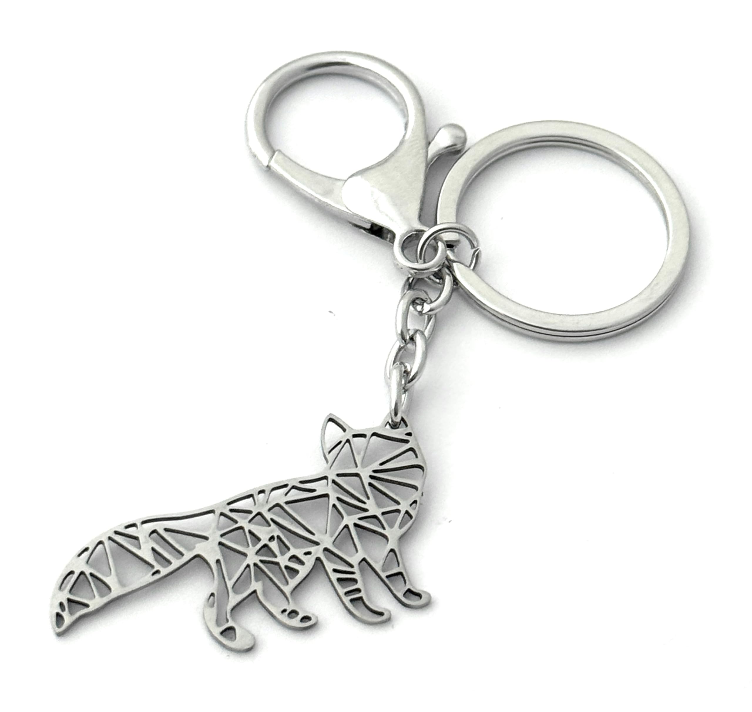 FizzyButton Gifts Fox Silver Tone Keyring Key Ring and Lobster Clasp with Stainless Steel Origami Style Charm