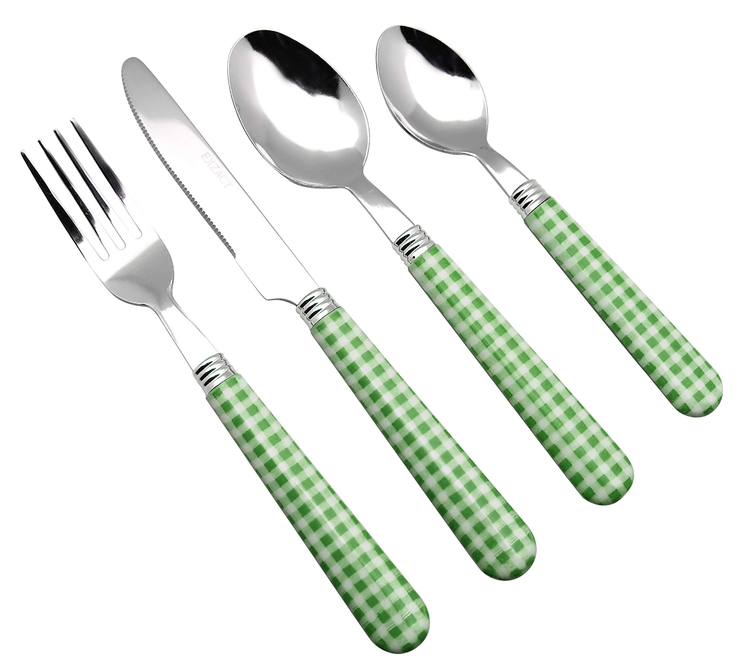 EXZACT Cutlery Set 24pcs Stainless Steel with Gingham Check Coloured Handles - 6 x Forks, 6 x Dinner Knives, 6 x Table Spoons, 6 x Tea Spoons (Green x 24 pcs)