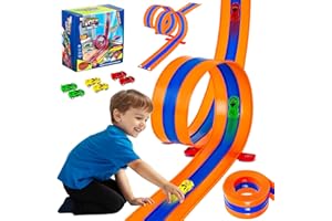 Tyholoo 3-Lane 16ft Flexible Race Track for Kids 3+ with Fixed Base & Strong Suction Cups, 6 1/64 Scale Pull-Back Cars