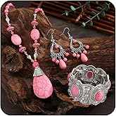 Mayvary Pink Turquoise Jewelry Set for Women, 3Pcs Vintage Boho Western Statement Necklace Earrings Bracelet Chunky Silver Turquoise Jewelry Gift for Cowgirl Party 2026