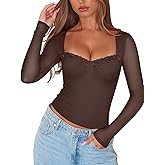 PINKMSTYLE Womens Sheer Mesh Lace Trim Tops Long Sleeve Square Neck Going Out Top Date Night Out Outfits
