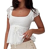 Women Square Neck Peplum Top Y2k Cap Sleeve Layered Ruffle Trim Printed Top Lace Up Slim Fit Solid Color Shirt