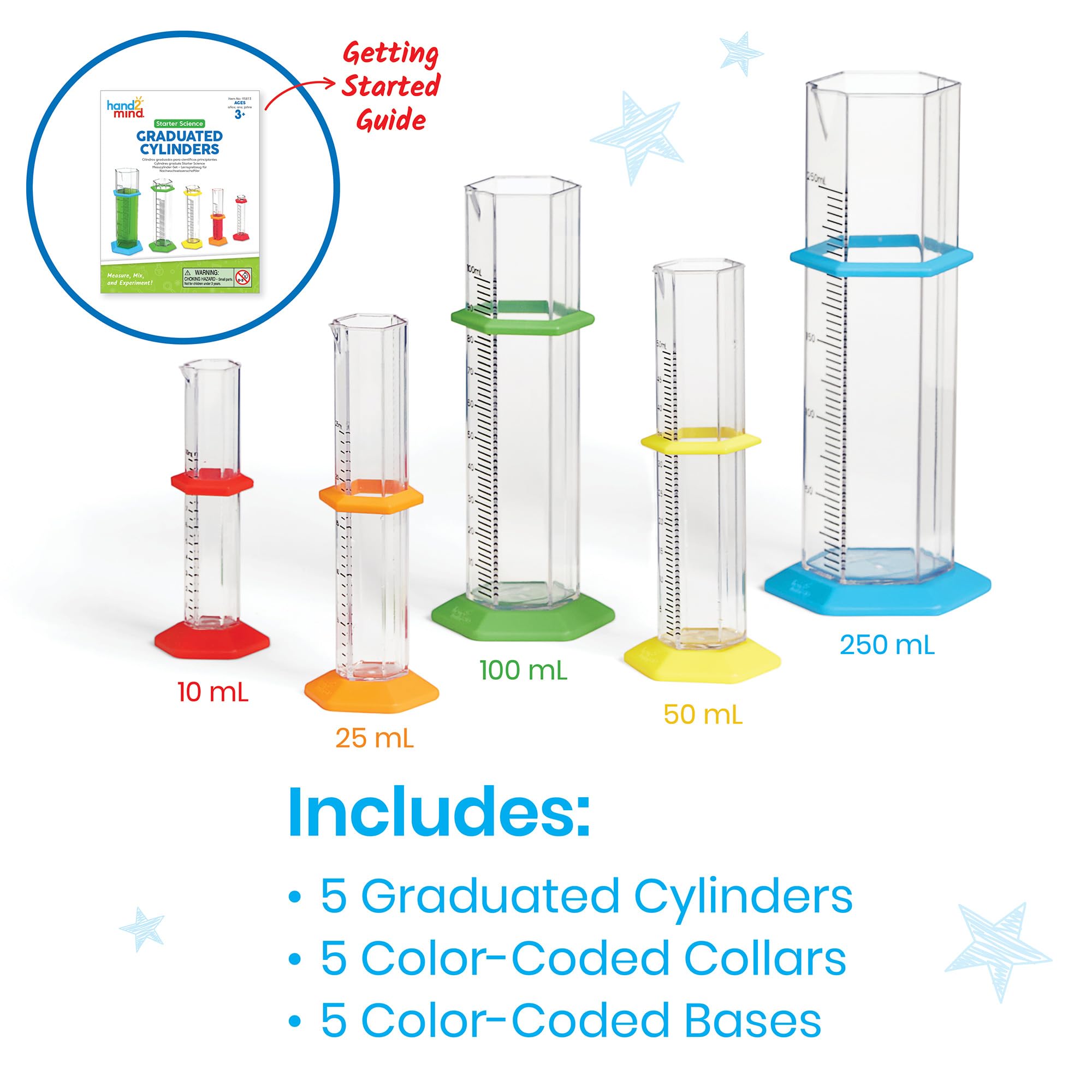 Hand2mind Starter Science Graduated Cylinder Set, Science Lab Equipment for Kids, Measuring Toys, Educational Science Kits, Chemistry Set, Science Supplies for Classroom (Set of 5)