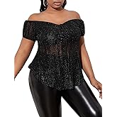 WDIRARA Women's Plus Size Off Shoulder Ruched Tie Front Mesh Short Sleeve Club Glitter Tops