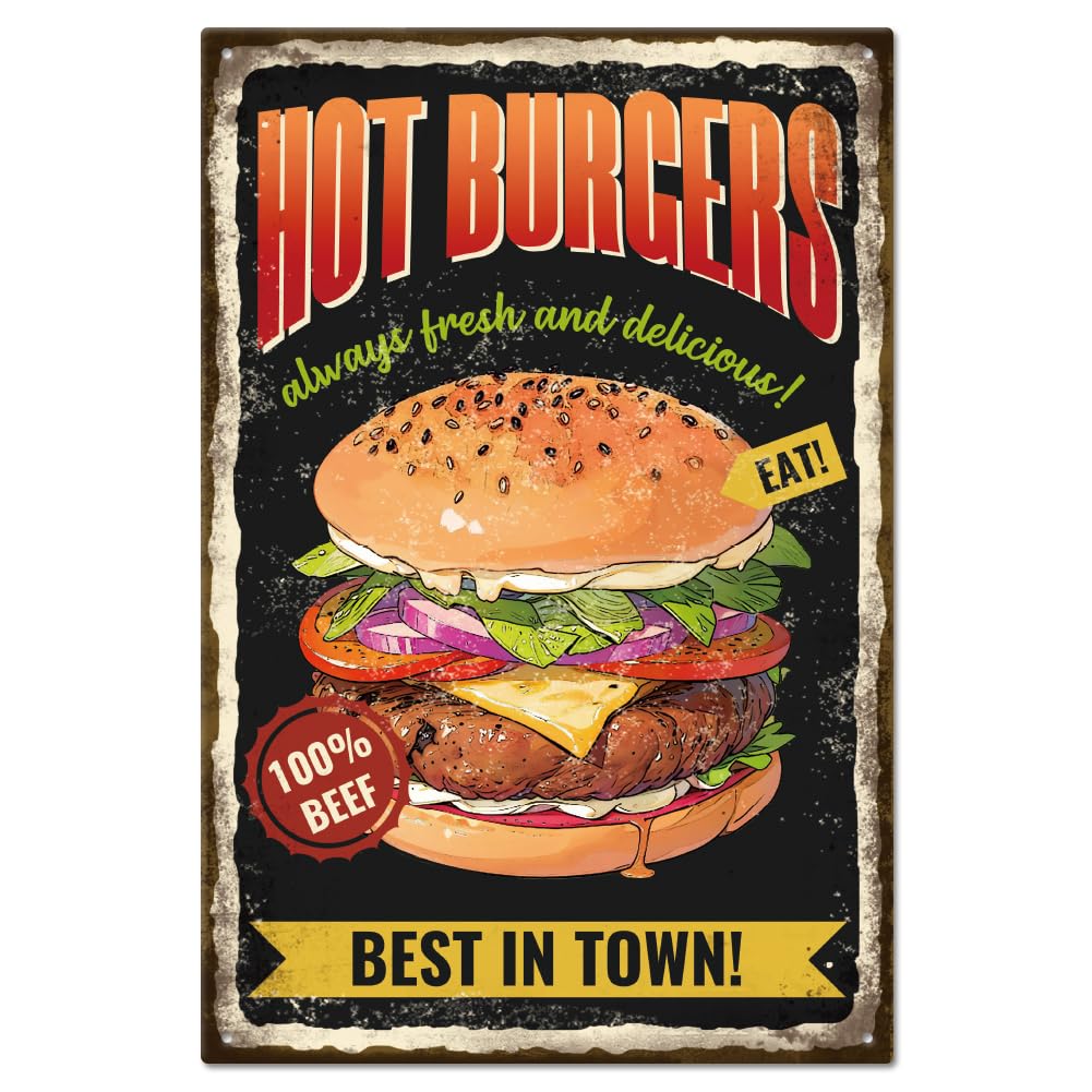 GLOBLELAND Vintage Restaurant Hamburger and Funny Word Metal Tin Sign For Garage Man Personalized Signs Garden Cave Signs Art Plaque Poster Wall Decor for Home Kitchen Bar Club 8×12inch
