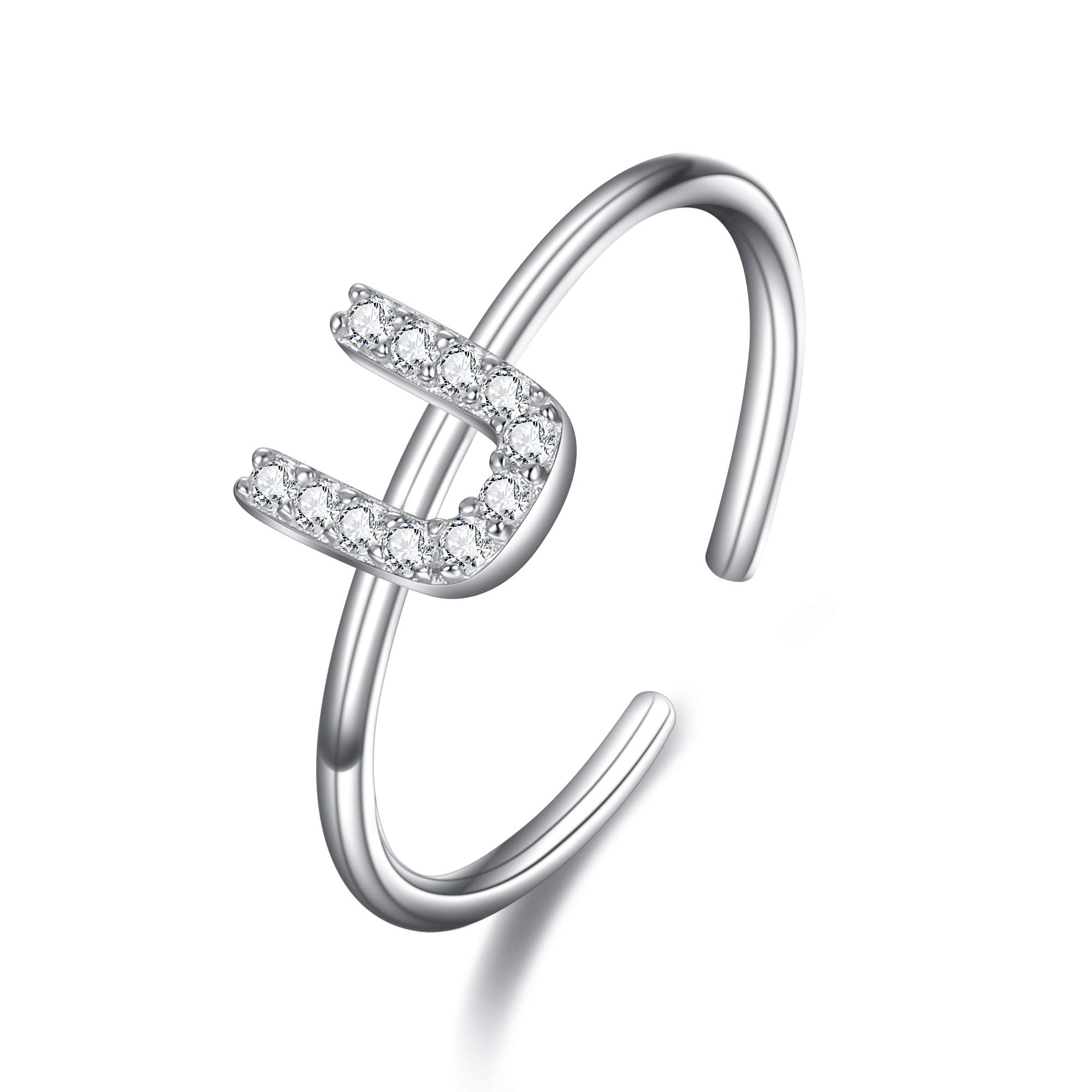 Clearine Women's 925 Sterling Silver Zircon Capital Letter U Ring in Clear Silver-Tone