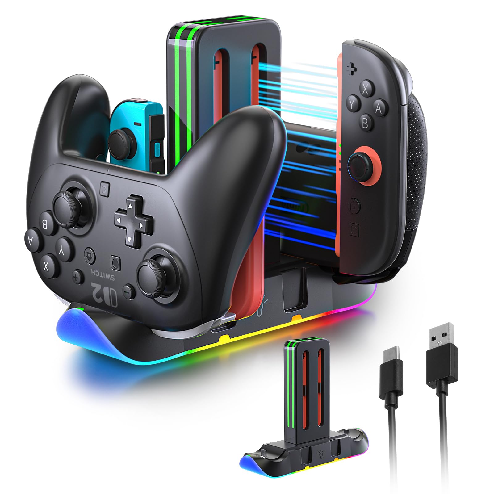 Switch 2 Controller Charging Dock, 6-in-1 Charging Station for 4 Joy-Con & Pro Controllers, RGB LED Gaming Controller Stand Organizer