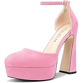 HDEUOLM Womens Chunky Block High Platform Heel Round Toe Closed Toe Pumps Two-Piece Ankle Strap Buckle Party Cute 5.3 Inches Heels