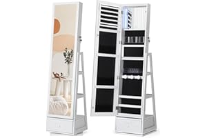 Nicetree 360° Rotating Jewelry Cabinet with Lights - Full-Length Mirror Jewelry Armoire Organizer with Touch Screen Vanity Mirror, Storage Drawers & Shelves for Necklaces, Earrings, White