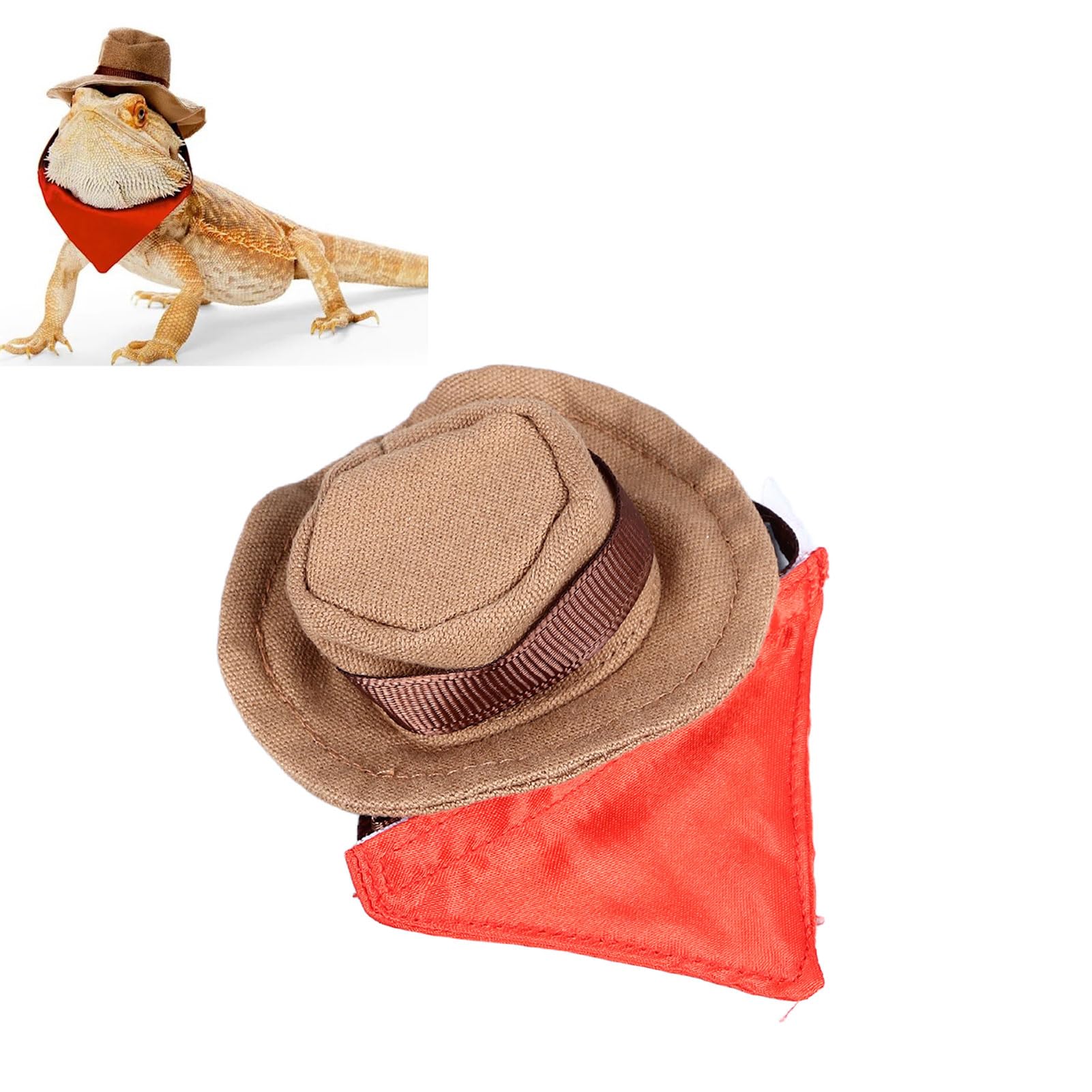 Bearded Dragon Cowboy Hat and Bandana, Lizard Costume Cap with Removable Bib for Halloween Party Photo Props Supplies (Coffee)