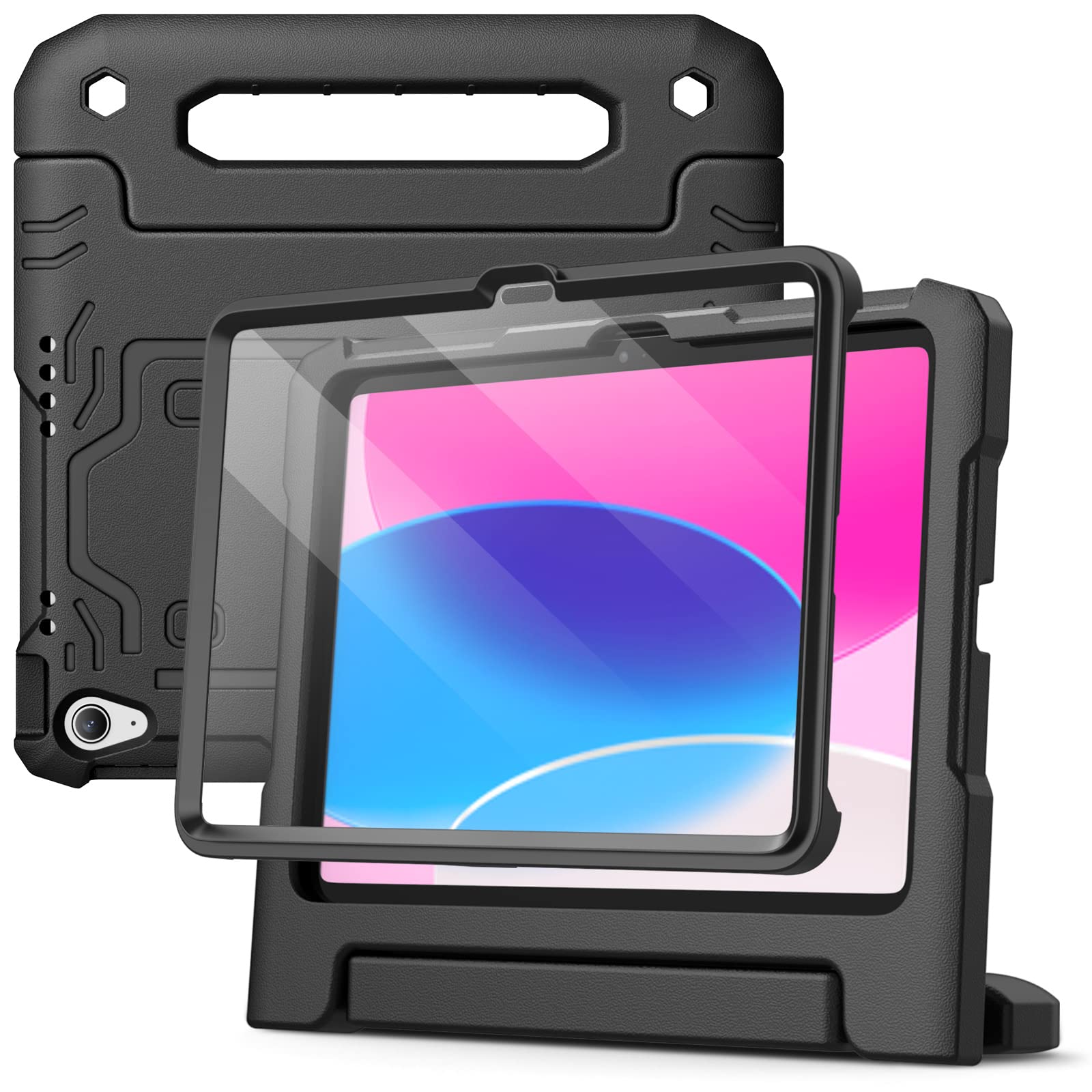 JETech Kids Case for iPad (A16) 11th/10th Generation (2025/2022) with Built-in Screen Protector, Shockproof Full-Body Handle Stand Tablet Protective Cover (Black)