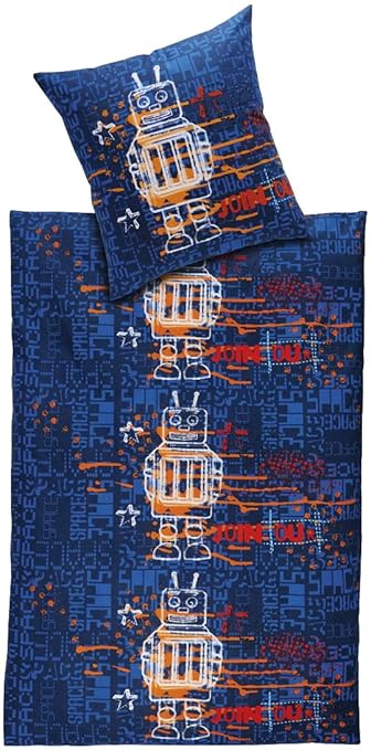 MERADISO® Kinder Feinbiber Bettwäsche, 100% Baumwolle (blau - Roboter / Raumschiff, 135 x 200 cm)