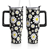 Sabobo Daisy Gifts 40 Oz Tumbler with Handle and Lid Straw, Black flower Stainless Steel Double Walled Vacuum Insulated Cup Mug, Floral Lover Birthday Gifts for Women Girls (1 PC)