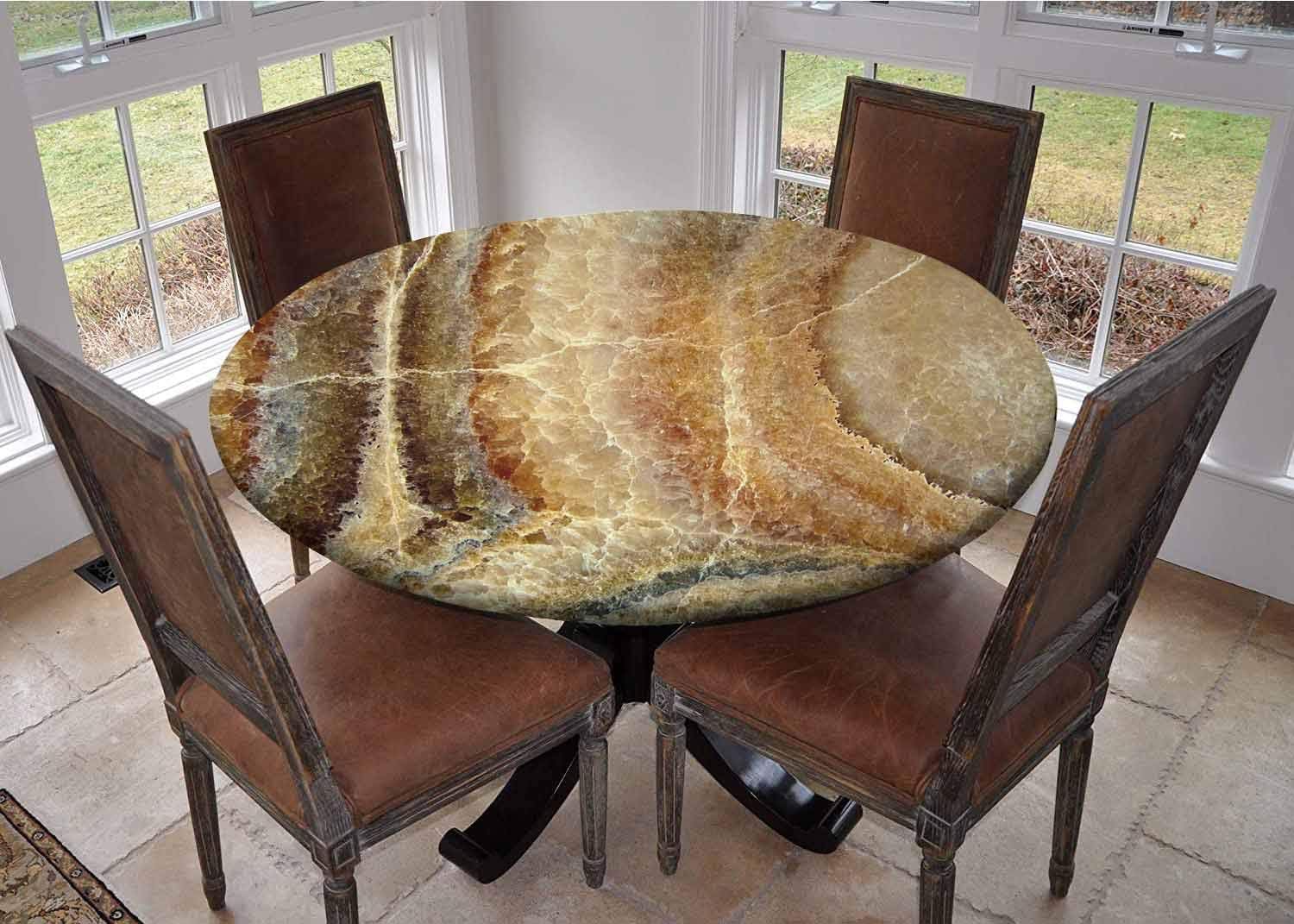 Tablecloth with Elastic Edges Grid Wallpaper 54 inches in Diameter,Marble,Onyx Stone Surface Pattern Banded Variety Layered Differing Lines Image,Sand Brown Cinnamon
