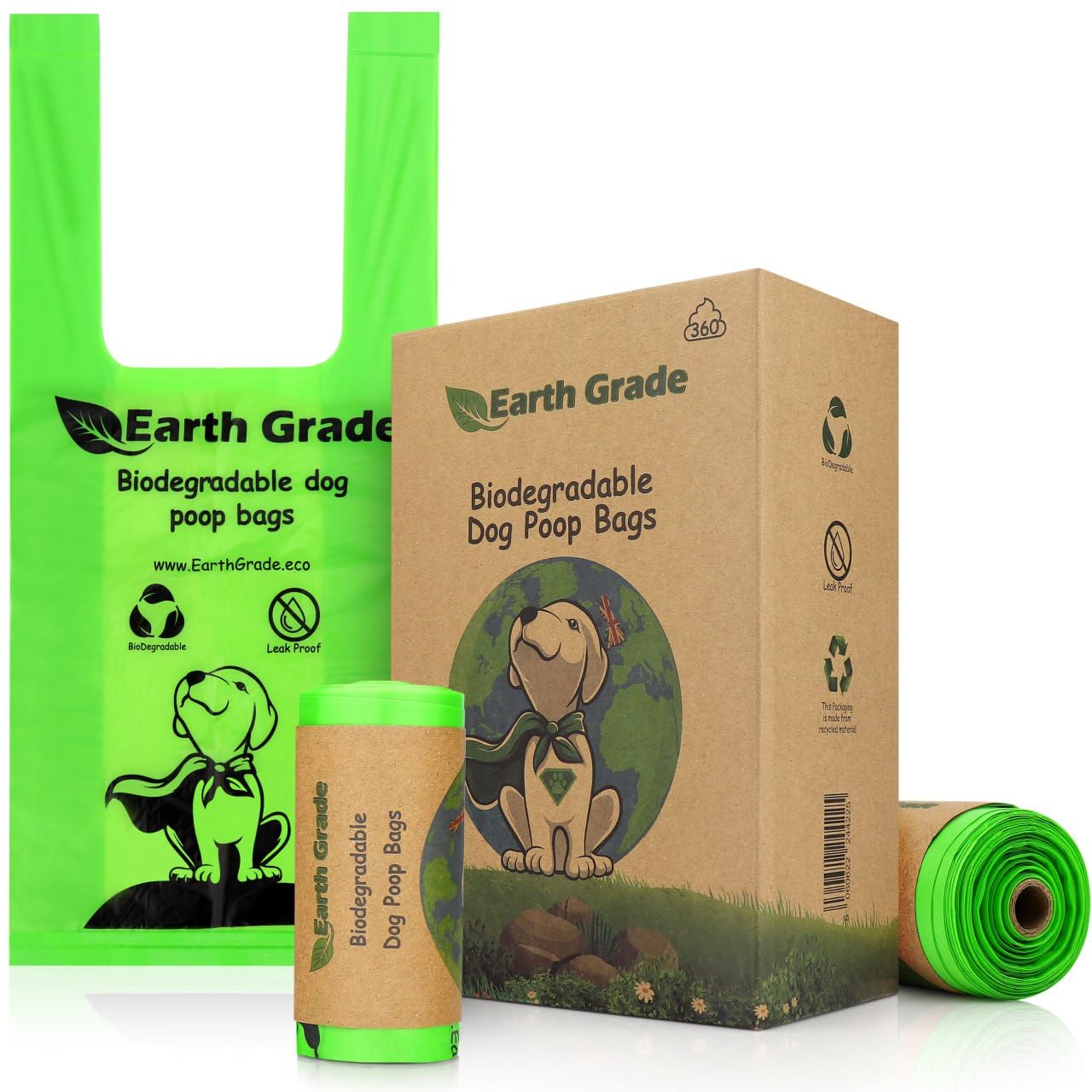 Earth Grade Dog Poo Bags with Tie Handles on Roll (360) Extra Thick Strong Bio Leakproof Doggy Waste Poop Bags