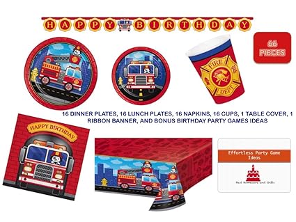 Firetruck Birthday Party Supplies Set For 16 Guests Complete Tableware And Decorations Kit Firefighter Party Supplies Including Happy Birthday