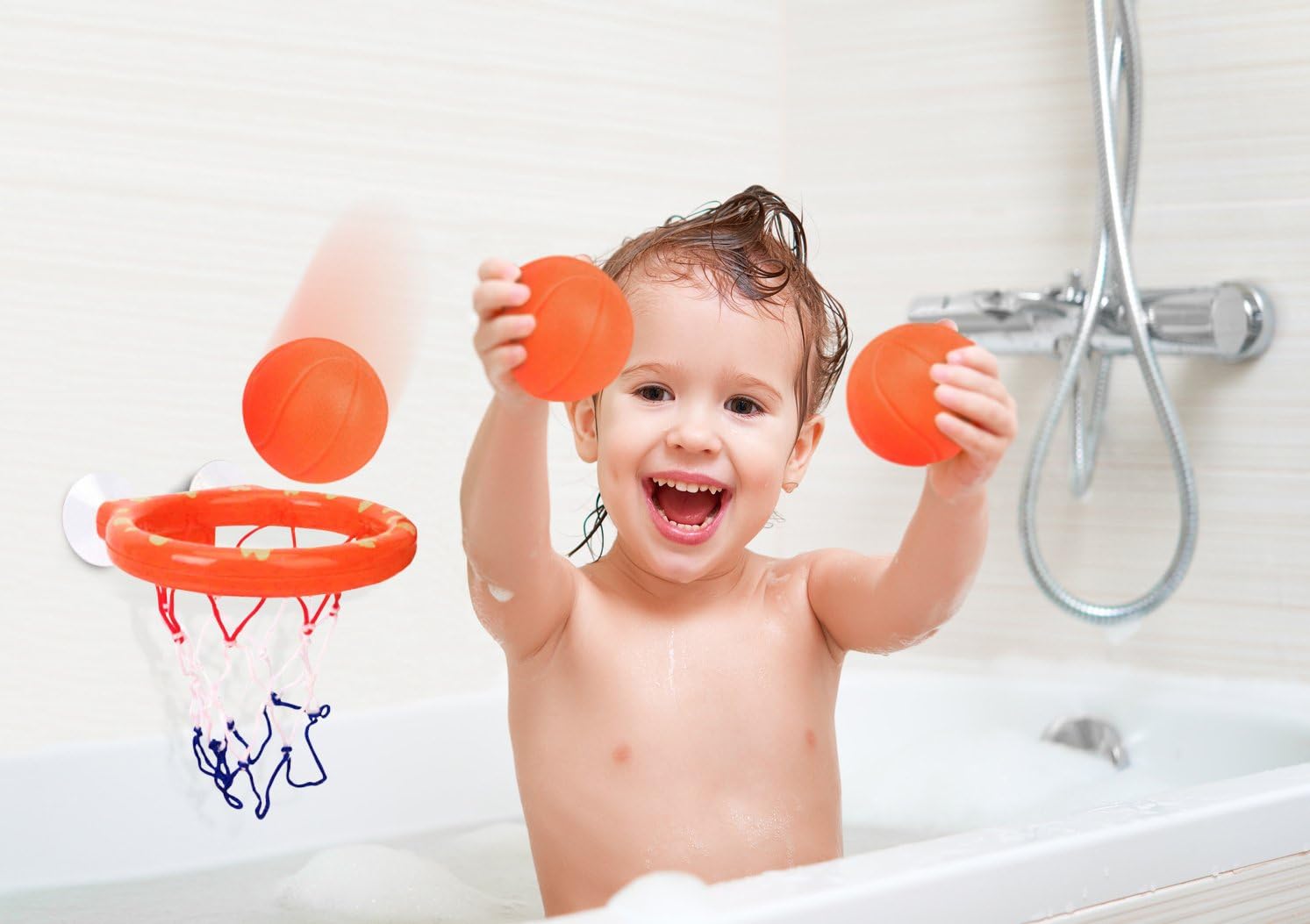 BRITENWAY Fun Basketball Hoop & Balls Playset for Little Boys & Girls | Bathtub Shooting Game for Kids & Toddlers | Suctions Cups That Stick to Any Flat Surface + 3 Balls Included: Toys & Games