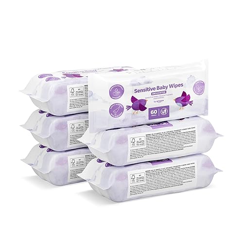 by Amazon Sensitive Baby Wipes, Unscented, 360 Wipes, 6 Pack of 60