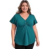 VIBOHCILLE Plus Size Blouses for Women Front Pleated V Neck Flutter Sleeve Blouse Button Decor Dressy Casual Tops