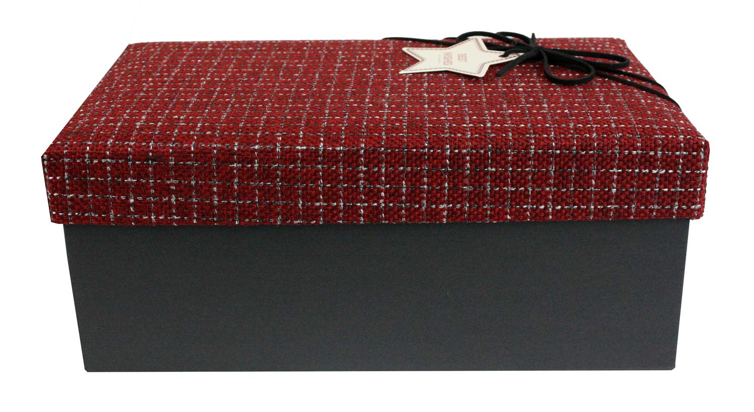 Emartbuy Red & Black Textured Fabric Gift Box With Ribbon – Luxury Pre-Assembled Rigid Hamper Box | 1200 GSM Paperboard | Recyclable – 28 × 18 × 13 cm Ideal for Festive Gifts, Luxury Gifting