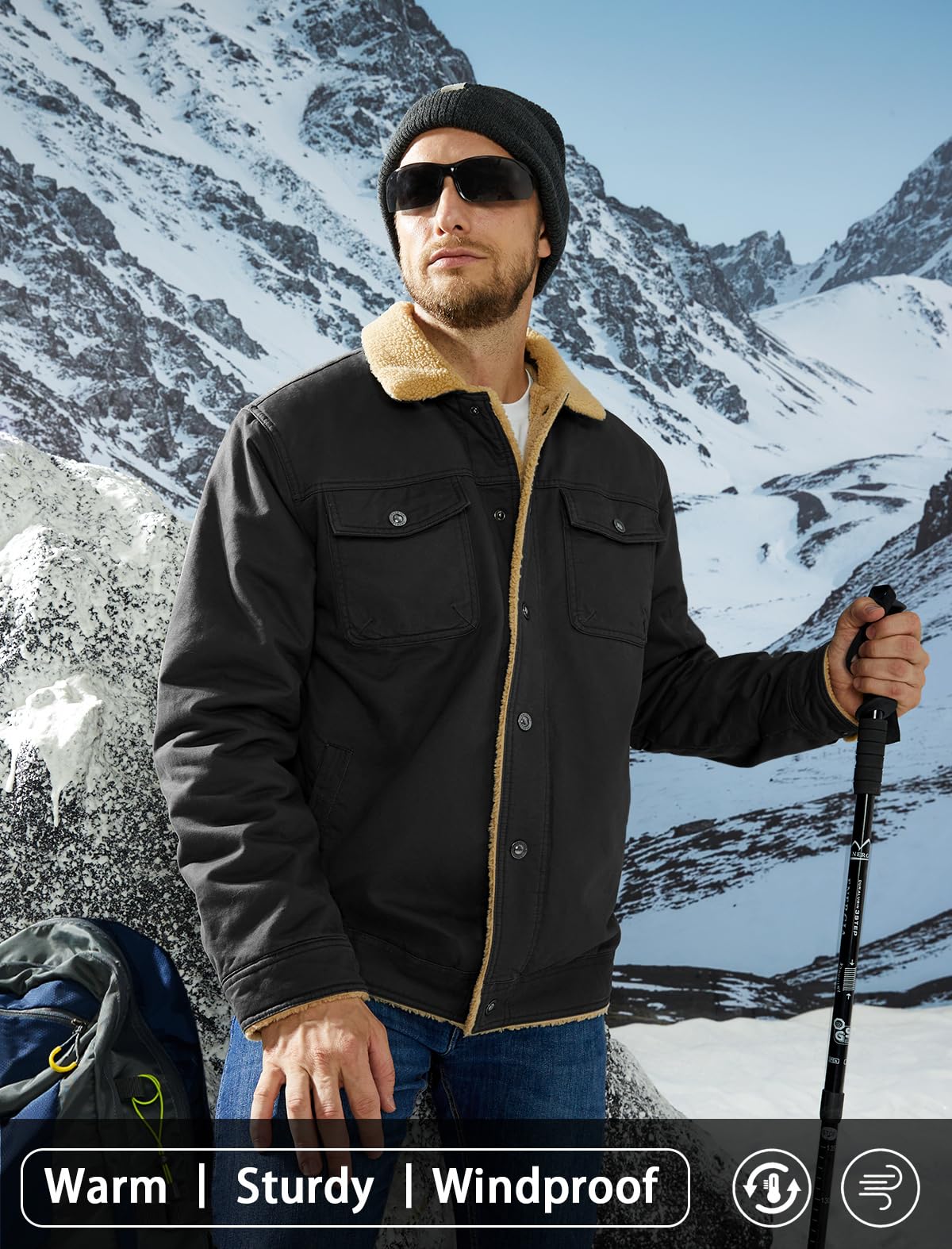 MAGCOMSEN Men's Winter Jacket Lined Sherpa Jacket Warm Trucker Coat Multi Pocket