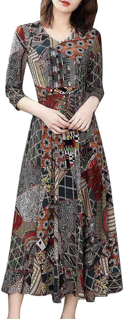 Women's V-Neck Three Quarter Sleeve Long Dress Ladies Floral Print A-line Dress