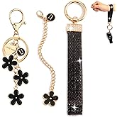 3PC Initial Letter Keychain Cute Black Flower Key Chain Purse Backpack Bag Car Stanley Charms, Bling Wristlet Keychains