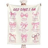 Niopos Christian Gifts Pink Bow Blanket God Says I Am Spiritual Religious Gifts for Women Girls Birthday, Mothers Day Christmas Valentines (Beige, 50x60 Inch, Bow English)