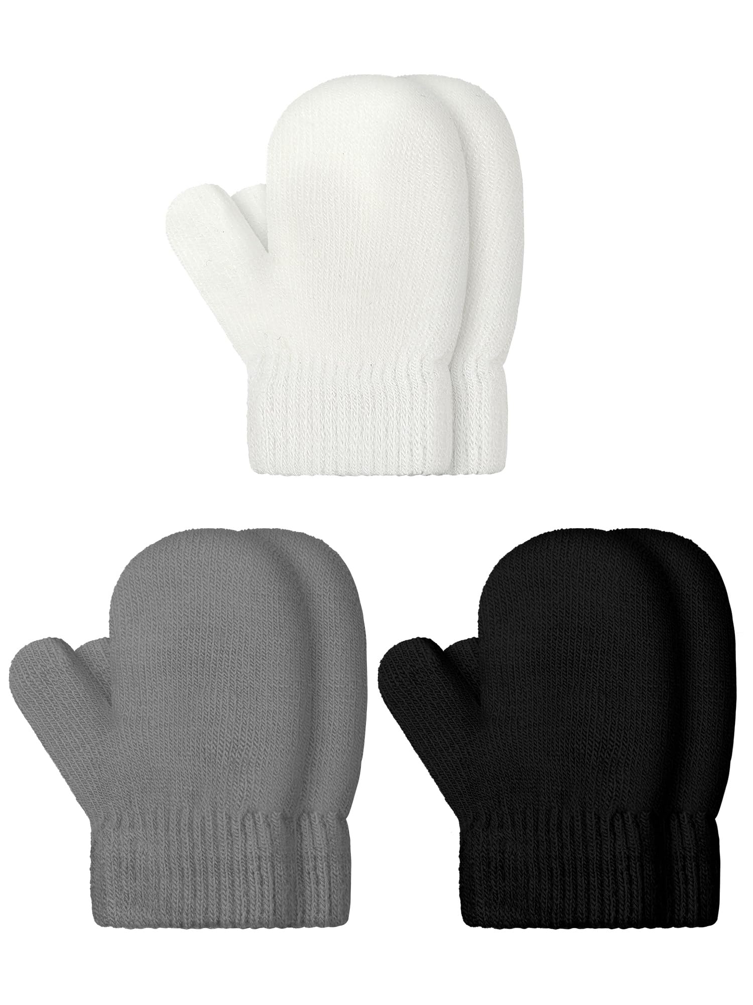 Photo 1 of SATINIOR 3 Pairs Toddler Stretch Mittens Little Girls Soft Knit Mitten Baby Boys Winter Knitted Gloves (Gray, White and Black, 1-4 Years Size)