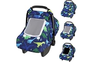 TANOFAR Windproof Baby Car Seat Cover, 3D Mink Dot Infant Car Seat Canopy with Breathable Mesh Window, Baby Carrier Cover for All Seasons, Easy Access Carseat Carrie Snug Fit Stroller, (Dinosaur)