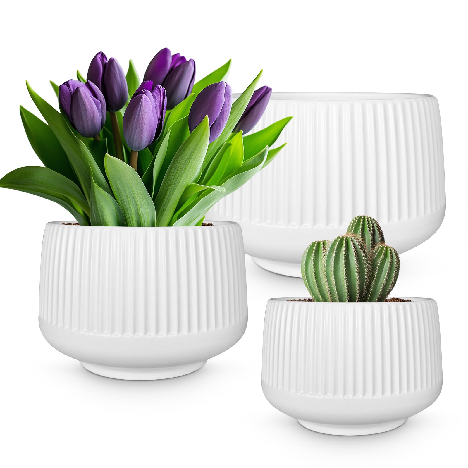 Photo 1 of ***BIG POT BROKEN/ FINALE SALE/ NO RETURNS / NO REFUNDS*** OXART Ceramic Plant Pot, 12+9+6.6 inch Large Plant Pot with Drainage, 3 Piece Planters for Indoor Plants, Modern Decor Home Office Garden Flower Pots for Indoor Outdoor Plant Set, White