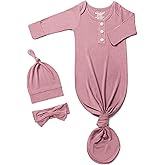 Newborn Baby Knotted Gown, Super Soft Silky Infant Long Sleeve Sleeper with Tie Bottom, Baby Girl and Boy Sleep Gown with Mittens, Bow, and Hat Set[Bean Pink,0-3 Months]