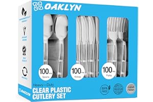 300 Count Heavy Duty Plastic Cutlery Set Clear | 100 Forks, 100 Spoons, 100 Knives | BPA-Free, Heat-Resistant Disposable Silv