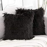 WLNUI Set of 2 Black Decorative Fluffy Pillow Covers New Luxury Series Merino Style Faux Fur Throw Pillow Covers Square Fuzzy Cushion Case Spring Easter Home Decor 18x18 Inch