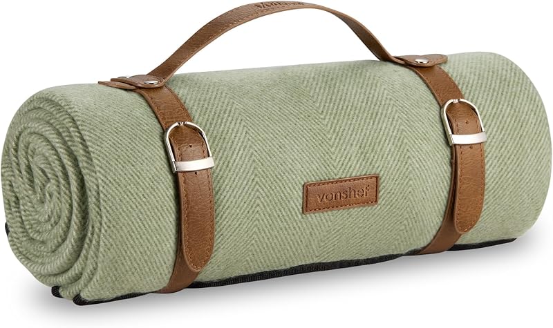 VonShef Picnic Blanket Green Herringbone 180x147cm Waterproof Backing