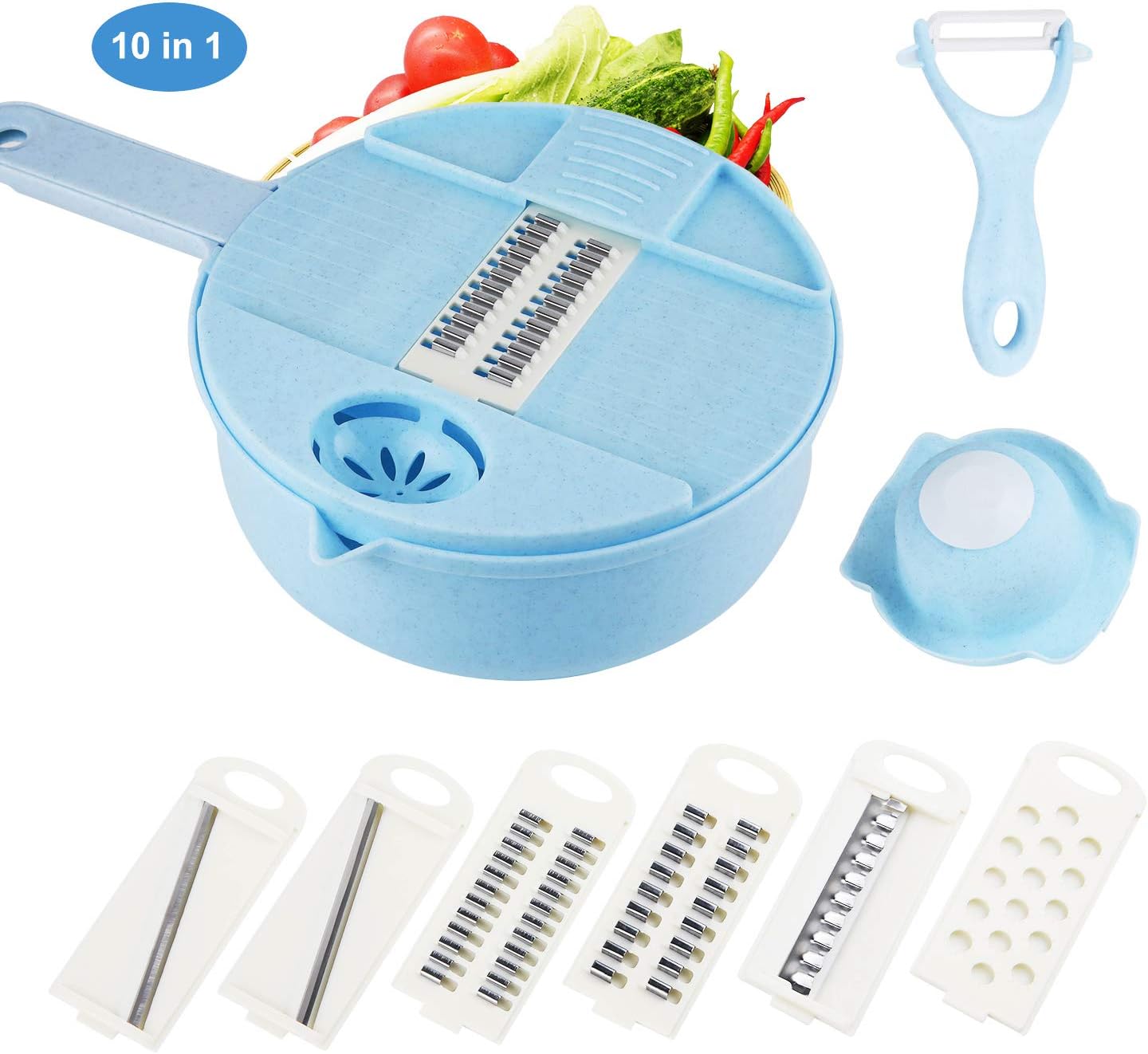 Keador Vegetable Mandoline Slicer, 10 in 1 Food Storage Container Tool for Potato, Tomato, Onion, Cheese, Cucumber and Egg Separator with Detachable Handle for Kitchen Multiuse