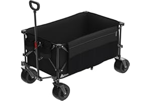 Mdeam 220L Collapsible Foldable Wagon, Heavy Duty Folding Utility Cart with Big All-Terrain Beach Wheels, Cup Holders, Side Pockets and Adjustable Handle for Camping, Garden, Sports, Shopping (Black)
