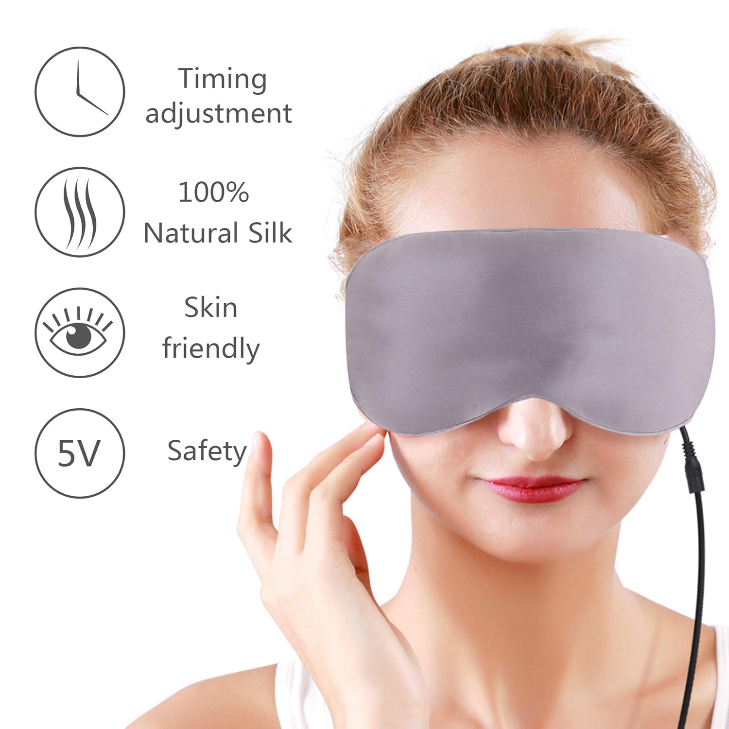 USB Heated Eye Mask, Silk Hot and Cold Eye Mask with Time & Temperature
