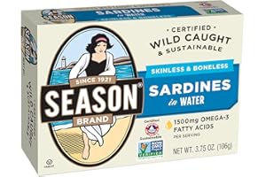 Season Sardines in Water – Skinless & Boneless, Wild Caught, 22g of Protein, Keto Snacks, More Omega 3's Than Tuna, Kosher, High in Calcium, Canned Sardines – 3.75 Oz Tins, 12-Pack