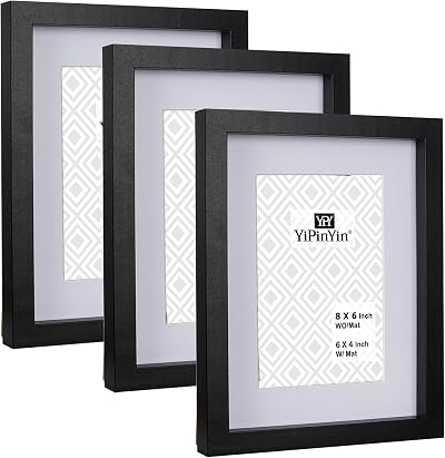 YiPinYin Black 8x6 Inch Picture Frame Set of 3 with Mount Perspex Boxed Gallery