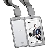 Phomo Self Retractable ID Badge Holders with Carabiner Reel Clip and Badge Lanyard, Heavy-Duty ID Card Holder for Neck, Vertical Style Transparent Hard Accessories Clear, (Holds 1to 2 Cards) (Grey)