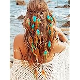 GORTIN Boho Feather Headband Gypsy Costume Headdress Black Bohemian Hippie Headbands Indian Festival Hair Band Adjust Long Feather Headpiece Hair Accessory for Women and Girls (Blue+Brown)
