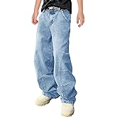 Haloumoning Boys Cargo Jeans Kids High Waisted Baggy Pants Casual Demin Pants with Multi Pockets 5-14 Years