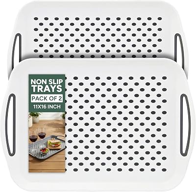 Zuvo Anti-Slip Food Serving Tray Set of 2 White BPA-Free Plastic Trays