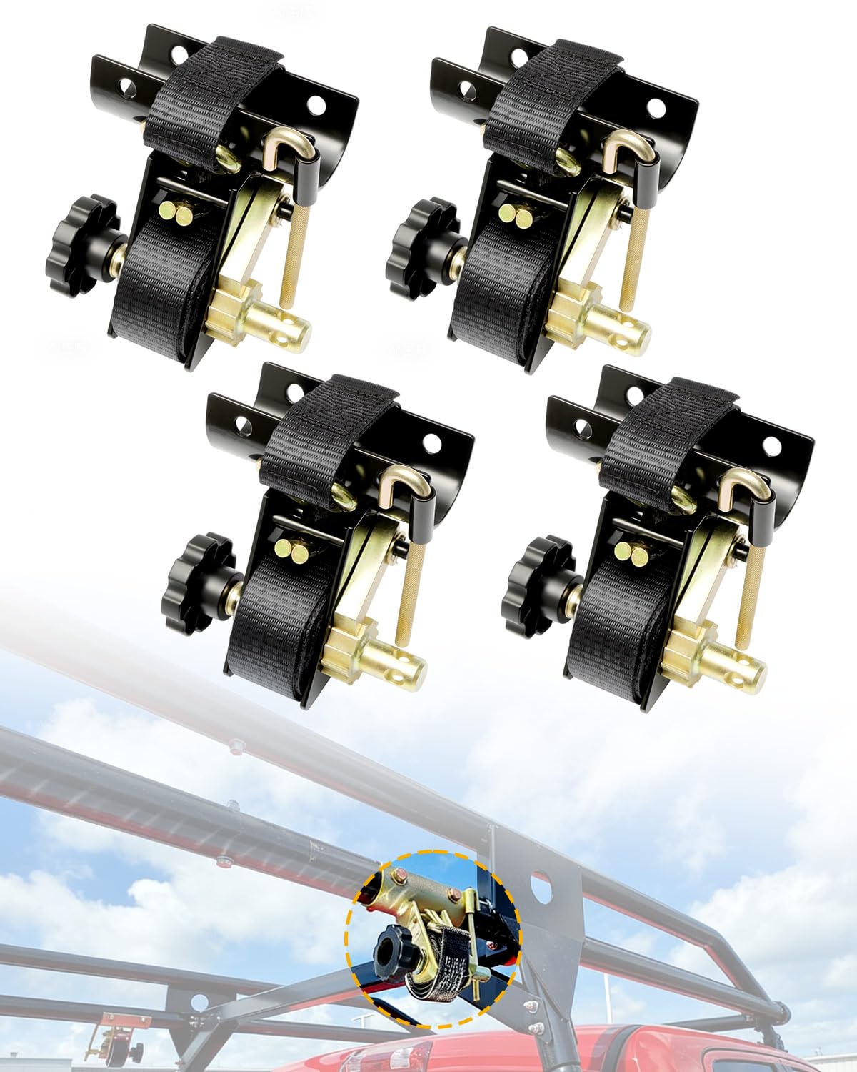 Photo 1 of Ladder Rack Ratchet Straps with J-Hook (4PCS), 2" Black Round Tube Mount, 1.5" Wide x 7.5' Long Black Retractable Ratchet Tie Down Strap Roof Rack, 500 lbs Load Heavy Duty Cargo Buckle Rack Lock Strap